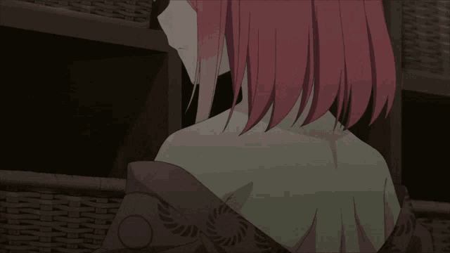 a girl with pink hair is standing next to a shelf