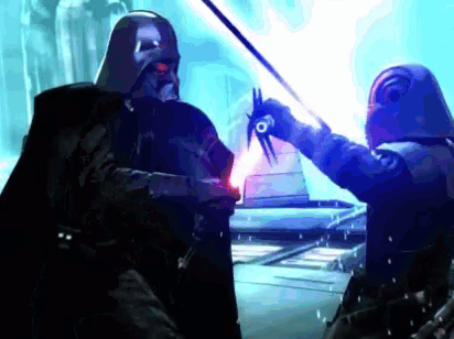 darth vader and kylo ren are fighting with their lightsabers