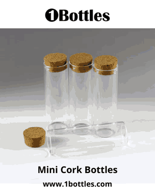 a display of mini cork bottles with the website www.1bottles.com underneath