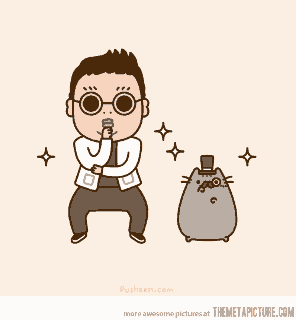 a cartoon of a man dancing next to a cat with a top hat and mustache