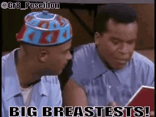 two men sitting next to each other with the words big breastests written below them