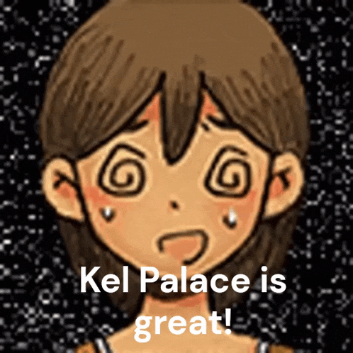 a drawing of a girl with a swirl in her eye and the words " kel palace is great "