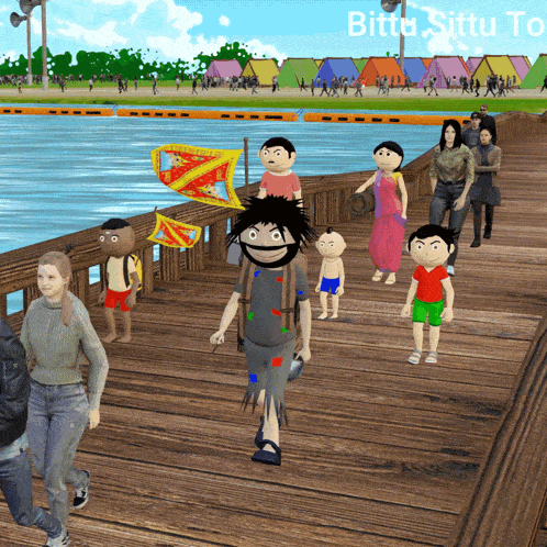 a group of people are walking on a wooden pier with the words bittu situ to written on the bottom