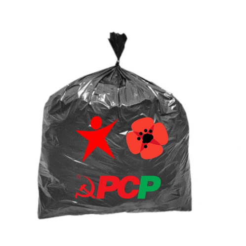 a black garbage bag has a red star and a red poppy on it