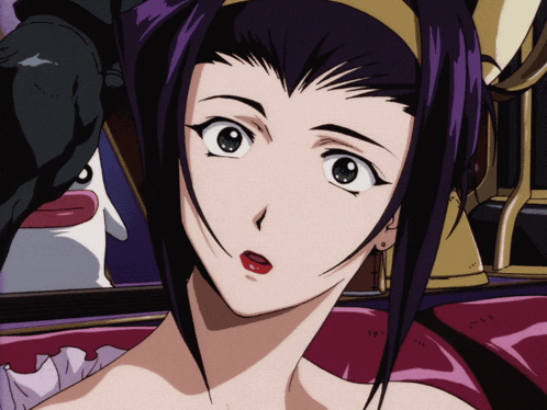 a woman with purple hair and red lips is looking at something