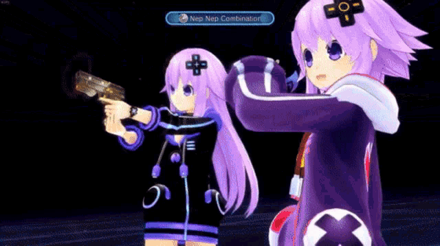 a girl with purple hair is holding a gun next to a boy with purple hair