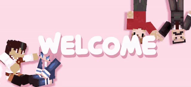 the word welcome is on a pink background with cartoon characters