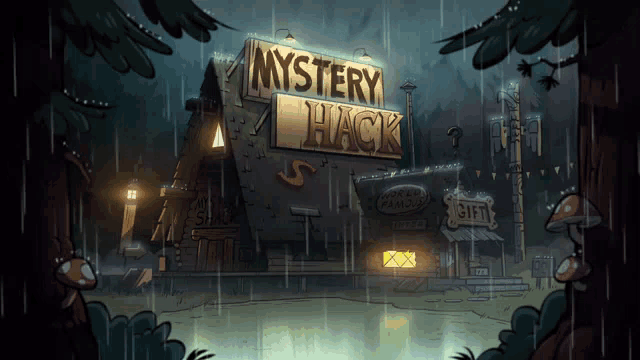 a cartoon drawing of a mystery shack in the rain