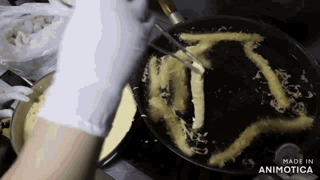 a person is frying french fries in a frying pan with the words made in animotica on the bottom