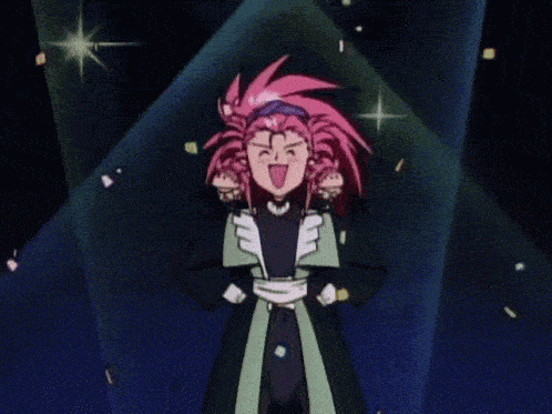 a cartoon character with pink hair and a green coat is smiling