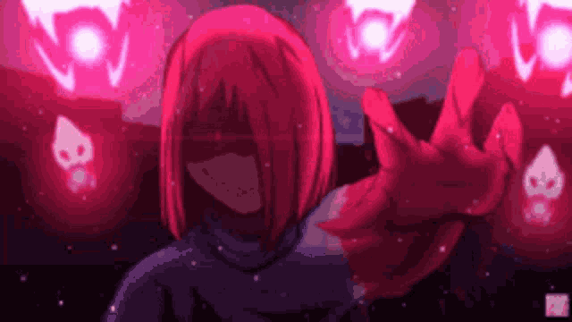 a girl with pink hair and a blue shirt is standing in a dark room with a skull in the background .