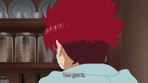 a cartoon character with red hair is standing in front of a shelf full of jars