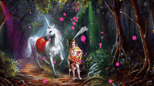 a painting of a man and a unicorn in the woods