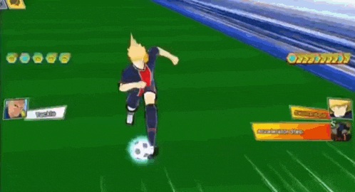 a man is kicking a soccer ball in a video game while another man watches .