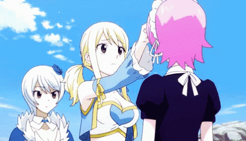 three anime girls are standing next to each other and one of them has pink hair