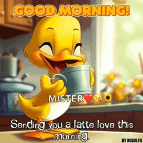 a cartoon duck is holding a cup of coffee and saying good morning