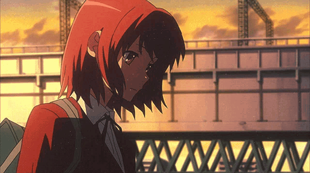 a girl with red hair is standing in front of a bridge with the letters x and y visible
