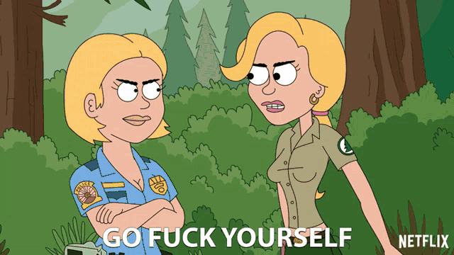 a cartoon of a police officer and a ranger with the words go fuck yourself on the bottom