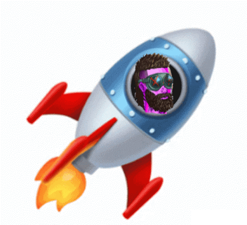 a rocket with a bearded man in a purple shirt and goggles on it