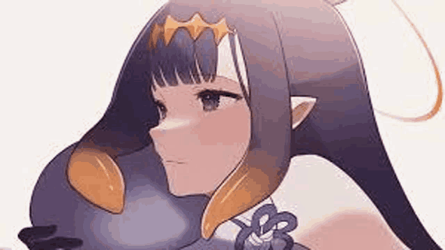 a close up of a purple haired anime girl with a bird in her hair .