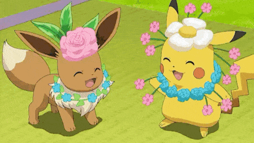 eevee and pikachu are standing next to each other in a grassy field .