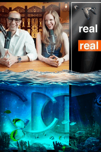 a man and a woman are sitting at a table with microphones in front of a poster that says real real