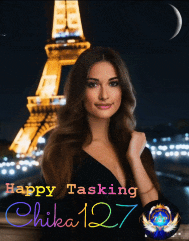 a woman is standing in front of the eiffel tower and the words happy tasking chika 127