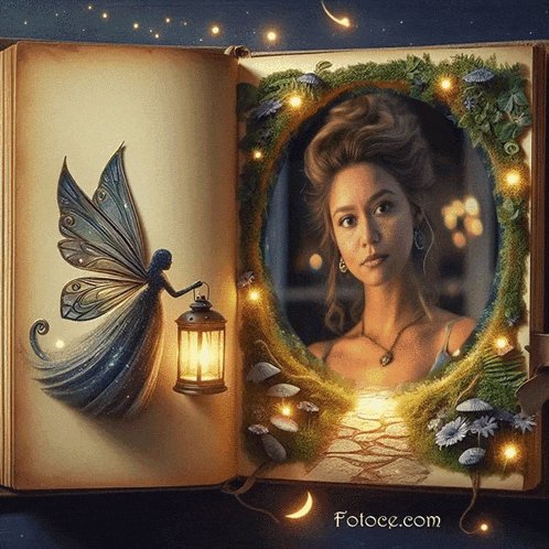 an open book with a picture of a woman and a fairy and the website fotoce.com