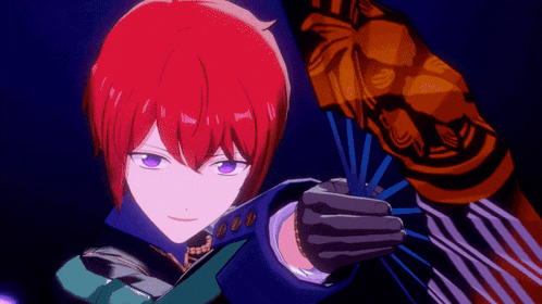 a red haired anime character is holding a fan