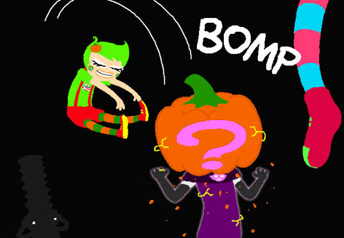 a cartoon drawing of a pumpkin with a question mark on it and the word bomp above it