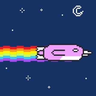 a pixel art drawing of a bird with a rainbow tail