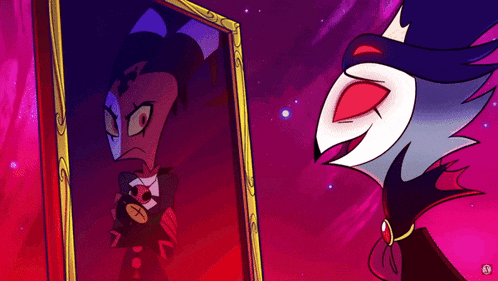 a cartoon character is looking at a picture of himself in a mirror