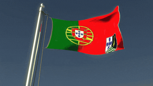 a portuguese flag is waving in the wind in front of a blue sky