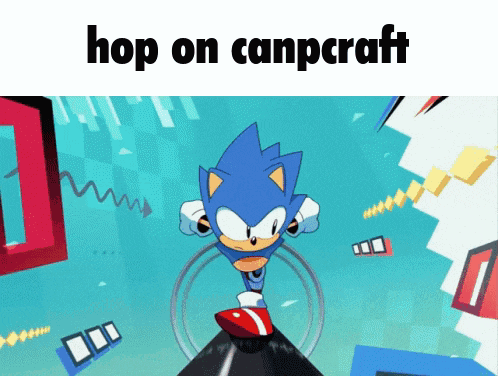 a cartoon of sonic the hedgehog with the words hop on canpcraft below him