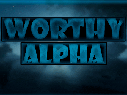 a blue sign that says worthy alpha on a dark background