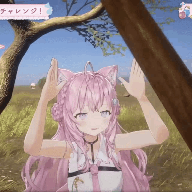 a girl with pink hair and a cat ear is standing in a field