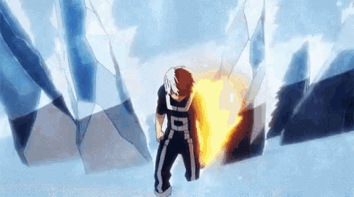 todoroki shouto from my hero academia is standing in the snow with a fire in his hand .