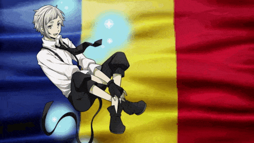 a cartoon character is sitting on a flag with a blue yellow and red background