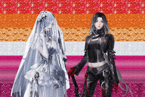 a bride and a killer are standing next to each other on a glittery background