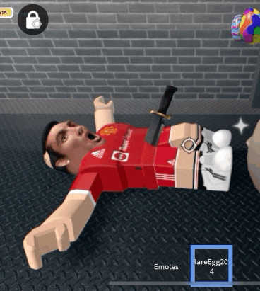 a man in a red adidas jersey is laying on the floor with a knife in his pocket