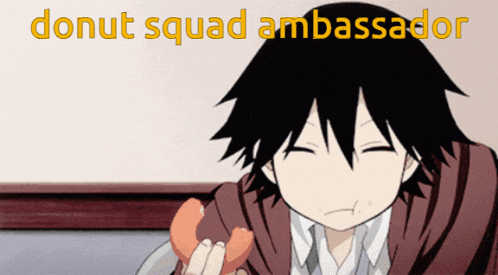 a cartoon character eating a donut with the words donut squad ambassador behind him