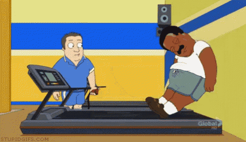 a cartoon of a man running on a treadmill while another man looks on .