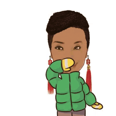 a cartoon of a woman wearing a green jacket and gloves is waving .