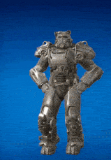a statue of a robot with his hands on his hips against a blue background