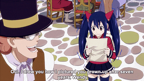 wendy from fairy tail is holding a piece of paper and talking to a man wearing a top hat