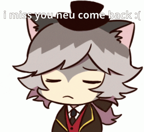 a cartoon of a cat wearing a top hat with the words " i miss you neu come back " below it