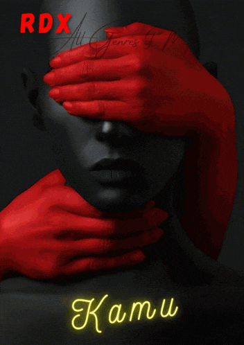 a black and white photo of a person with red hands covering their face and the words kamu on the bottom right