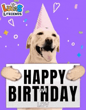 a dog is wearing a party hat and holding a sign that says `` happy birthday '' .