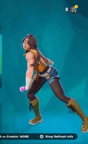 a video game character has a shop refresh info button on the bottom