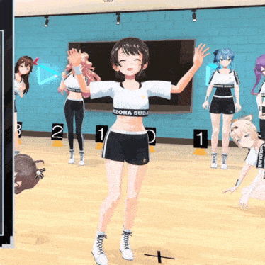 a girl wearing a shirt that says " izora suba " is dancing